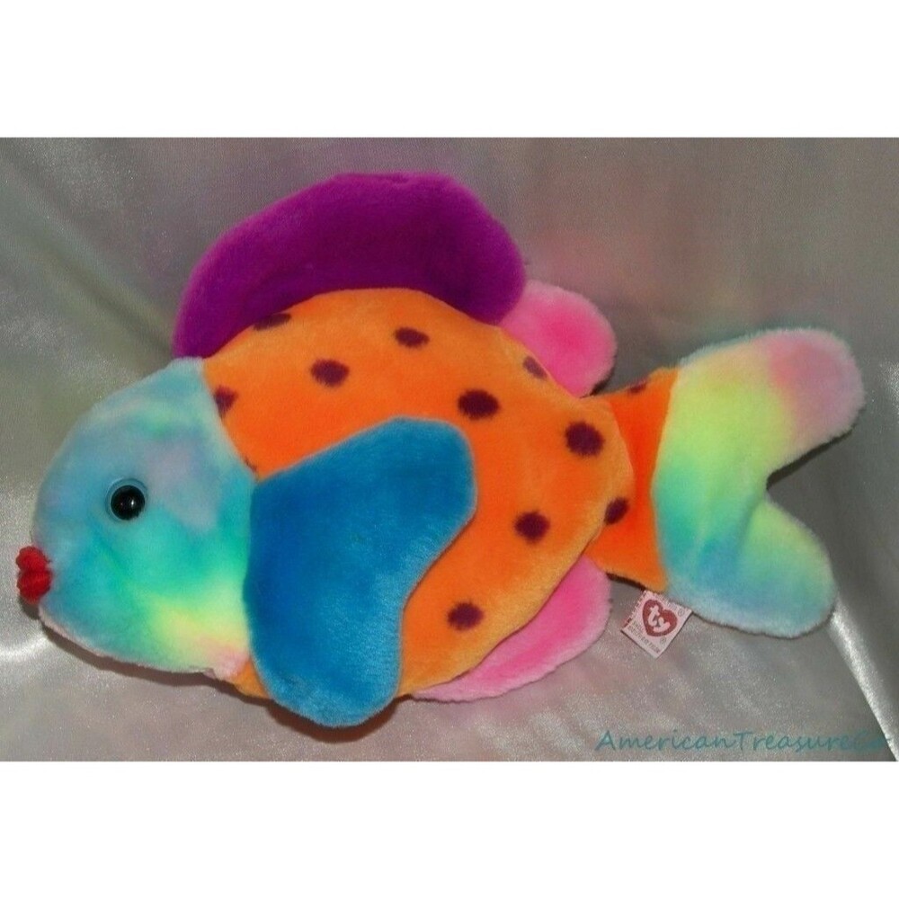 1999 TY Beanie Buddies Plush 14" Lips Tie Dye Neon Rainbow Fish w/Aqua Blue Eyes